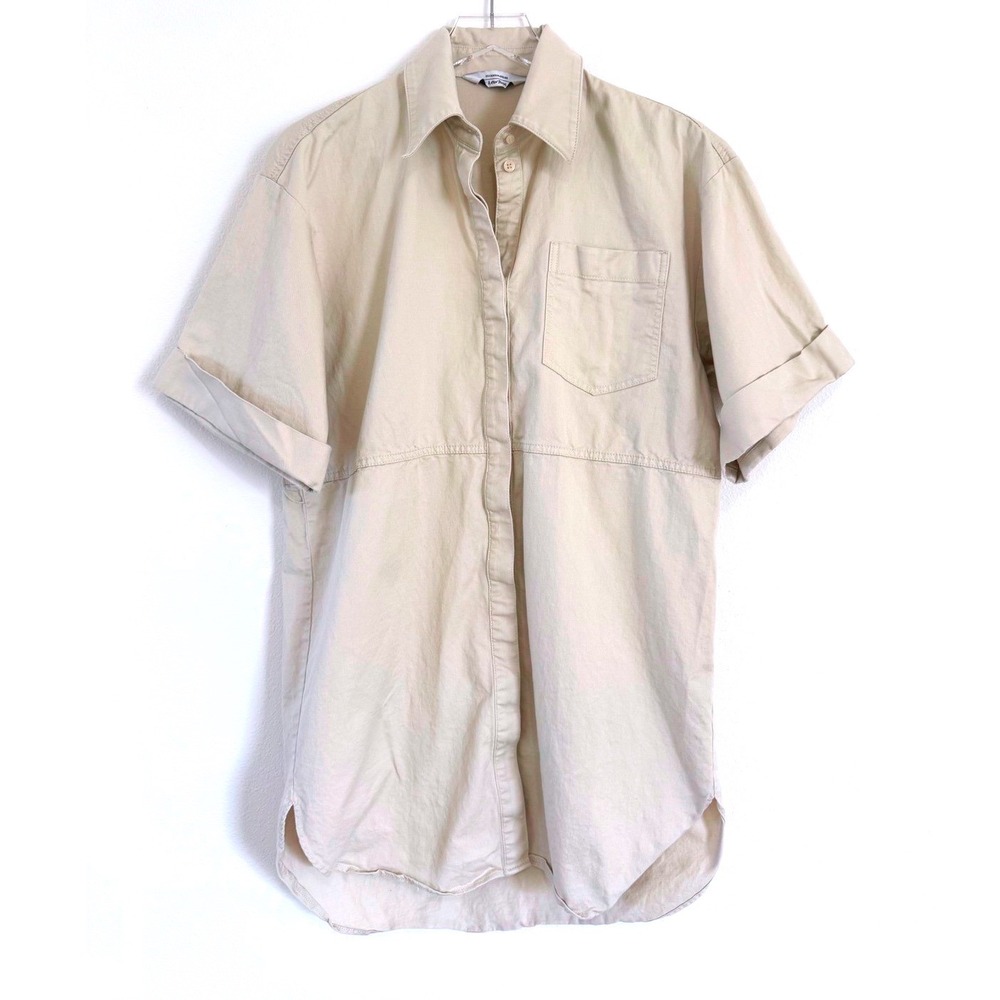 & Other Stories | Tan Linen Blend Button Front Short Sleeve Dress